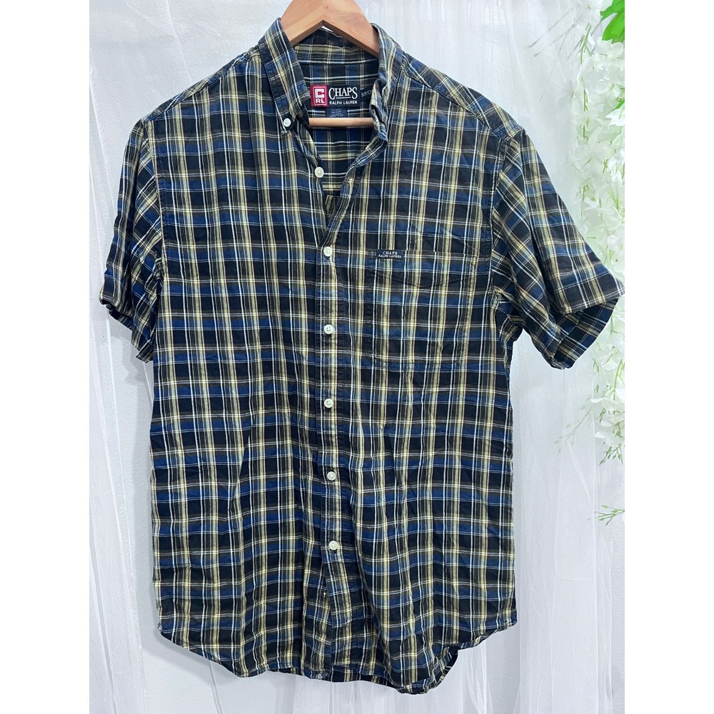 Chaps Ralph Lauren Mens Small Short Sleeve Plaid Button Down Shirt Navy Yellow